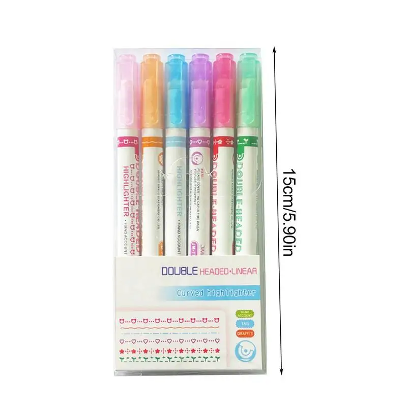 라인 모양 하이라이터 펜, 멀티 컬러 롤러 팁, 커브 라이너 마커, 노벨티 문구, 학교 그래피티 아트 펜, 6 개