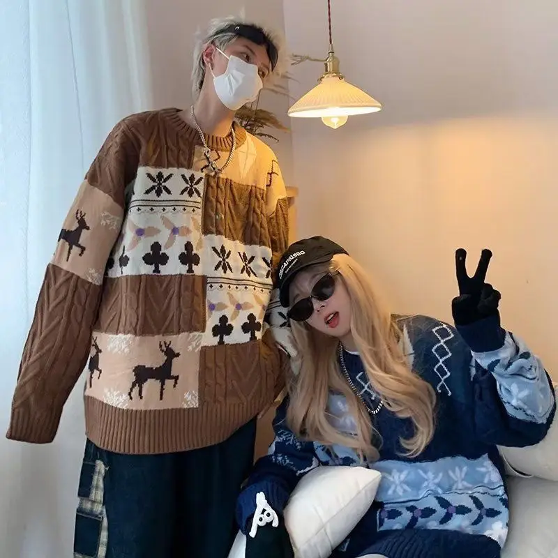 Autumn and Winter Couples Thickened New Christmas Sweater Loose Retro Splicing American Lazy Jacket Sweater 3