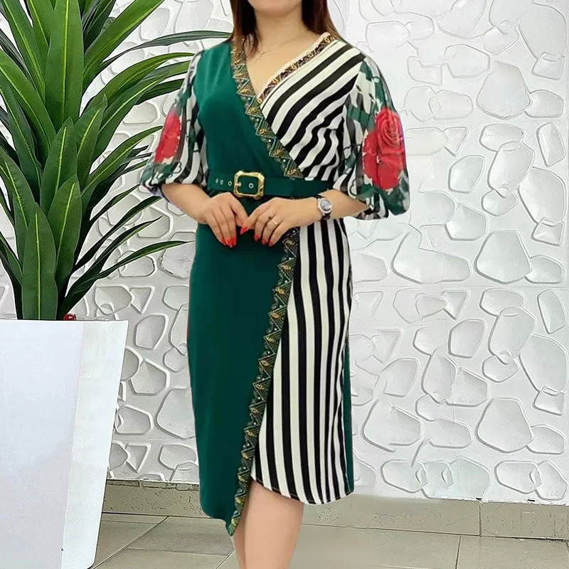 Spring Autumn Fashion Striped Patchwork Plus Size Dress Women Print Elegant Three Quarter Sleeve Oversized Vestidos De Fiesta