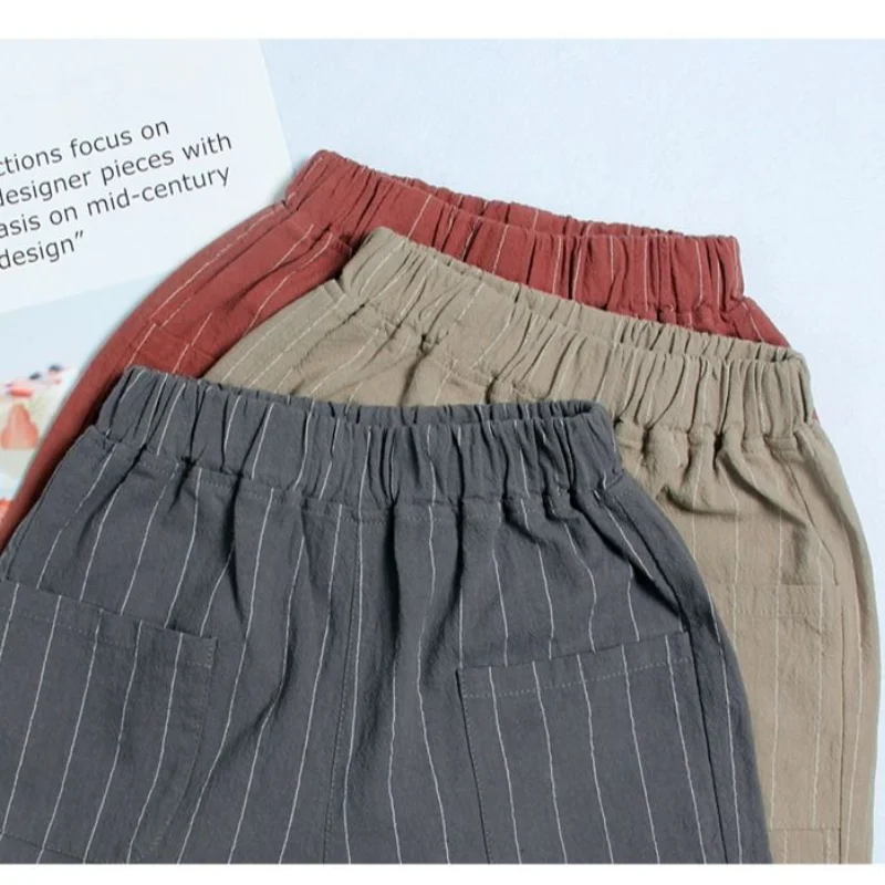 Boys Pants Boys Clothing Summer New Loose Striped Printed Kids Cotton Flax Fashion Casual Spliced Pocket Elastic Waist Harlan Pants