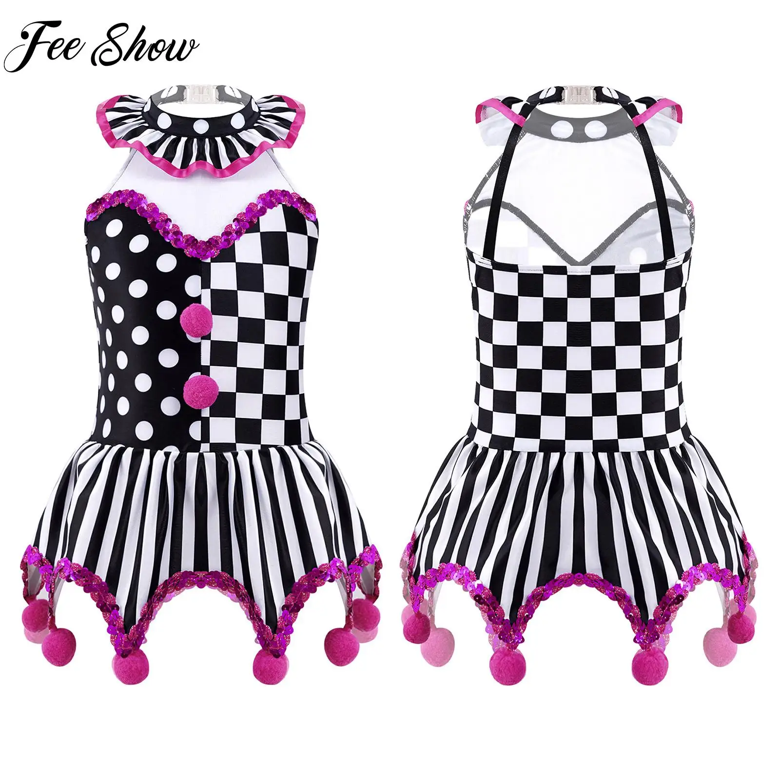 

Kids Girls Circus Clown Cosplay Costume Halter Neck Plaid Polka Dots Stripes Print Sequins Pompoms Adorned Irregular Hem Dress