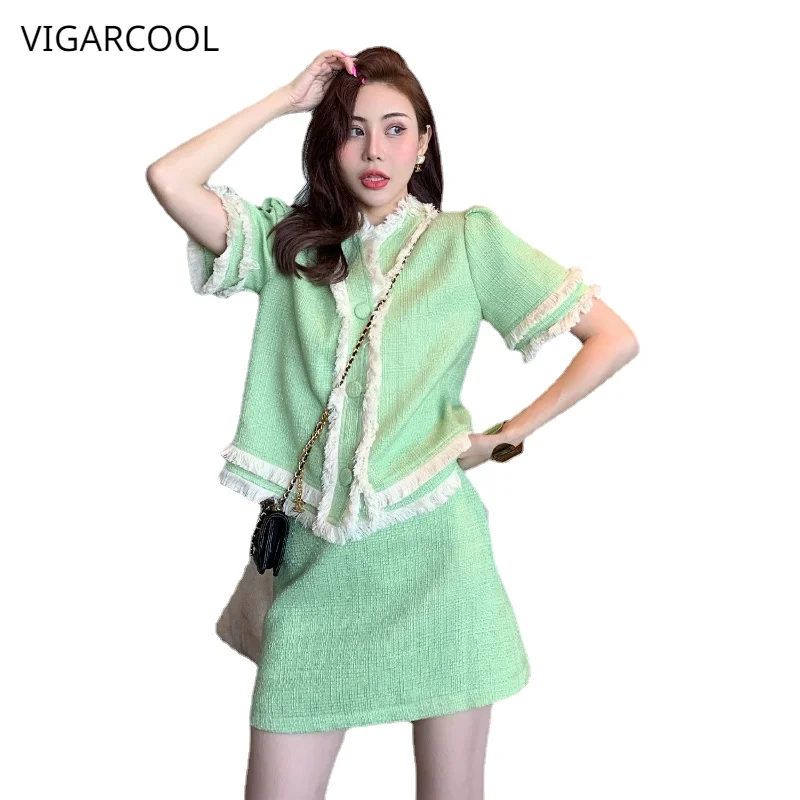 

2023 Spring/Summer New Small Fragrance Style Contrast Tassel Decoration Fresh and Sweet Versatile Daily Top Coat+Short Skirt Set