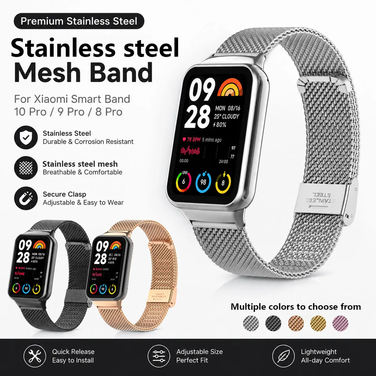 Breathable Stainless Steel Mesh Strap with Adjustable Buckle