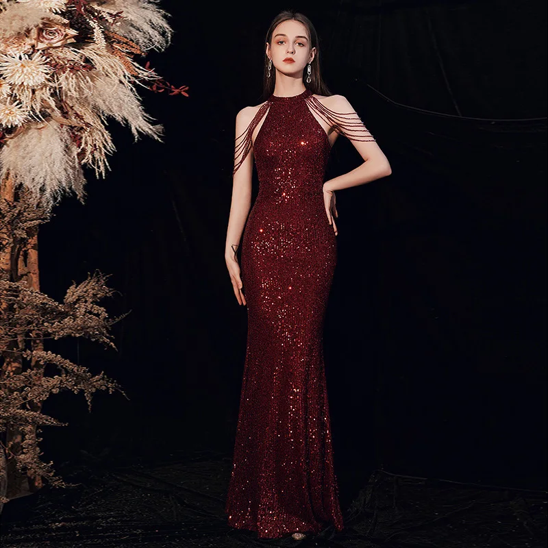 Fishtail Tassel Women's Evening Dress Annual Meeting Banquet Elegance Hanging Neck Shoulder Sequins Host Slim Fit Girl