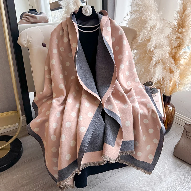 Women's Luxury Faux Cashmere Scarf Dot Pattern Warm Thick Pashmina Blanket Poncho Fashion Print for Autumn Winter