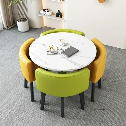 Conjunto de mesas de jantar redondas nórdicas, móveis para sala de jantar, cozinha, conjunto de mesa de jantar com 4 cadeiras, luz para casa, mesas centrais de luxo 35