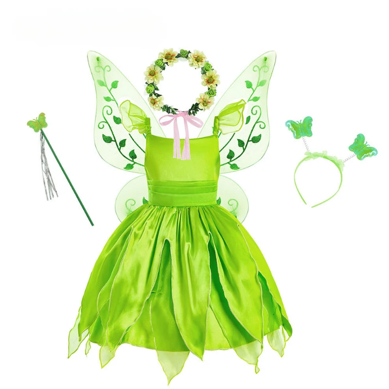 thumbnail image 1 of Disney-disfraz de princesa Tinker Bell para niñas, vestido de hada de las flores verdes, disfraz de elfo con purpurina, ala de mariposa, fiesta de Halloween, 1 of 5