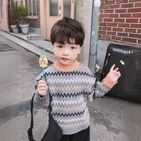 Autumn Winter Infant Baby Boy Sweater Cotton Wave Striped Long Sleeve Kid Boy Pullovers Round Collar Velvet Toddler Boy Knitwear 3
