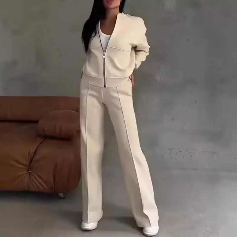 Spring Woman Loose Tracksuit Zipper Sweatshirt Coat+High Waist Straight Pants Sports Outfits Female Autumn Casual Two-piece Set 2