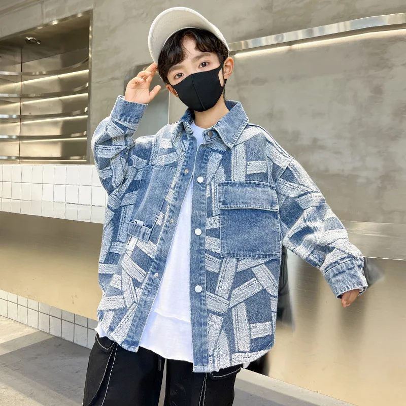 

New Boys Spring Denim Jacket Kids Autumn Plaid Denim Coat Cotton Windbreak Outerwear Children Jacket Teens Clothes 8 10 12 14 Y