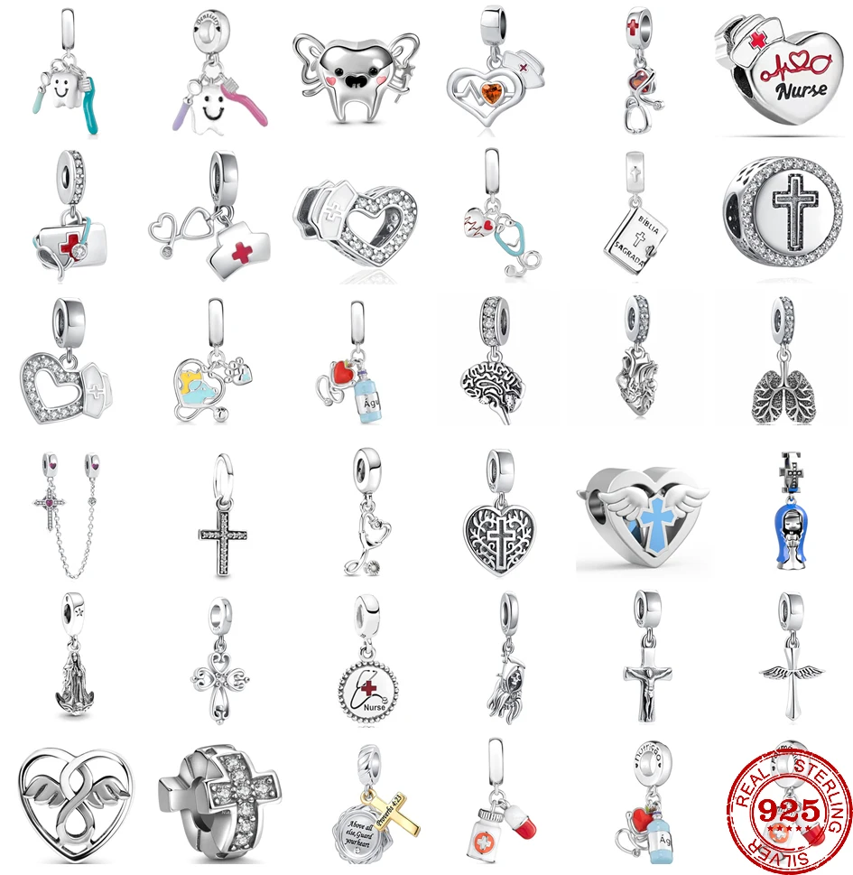 New 925 Sterling Silver DIY Cross Teeth Nurse Doctor Charms Beads Fit Original Pandora Bracelet Making Fashion Jewelry For Women new authentic heart shape beads fit pandora bracelet diy 925 sterling silver charms diy jewelry making for bangle women gift