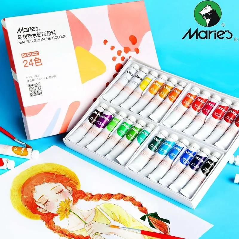 Maries 과슈물감 튜브 세트 초보자용 무독성 세척 가능 구아슈 안료, 그림 그리기, 어린이 미술 용품, 12ml