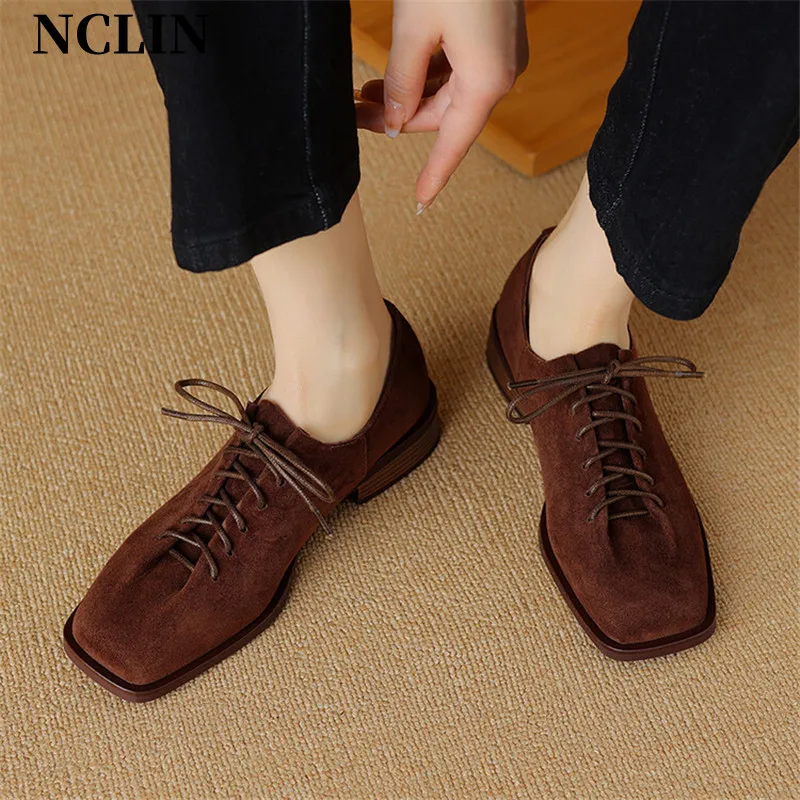 

New Spring Sheep Suede Loafers Woman Shoes Chunky Heel Square Toe Shoes For Women Ladies Shoes Lace Women Pumps Low Heels