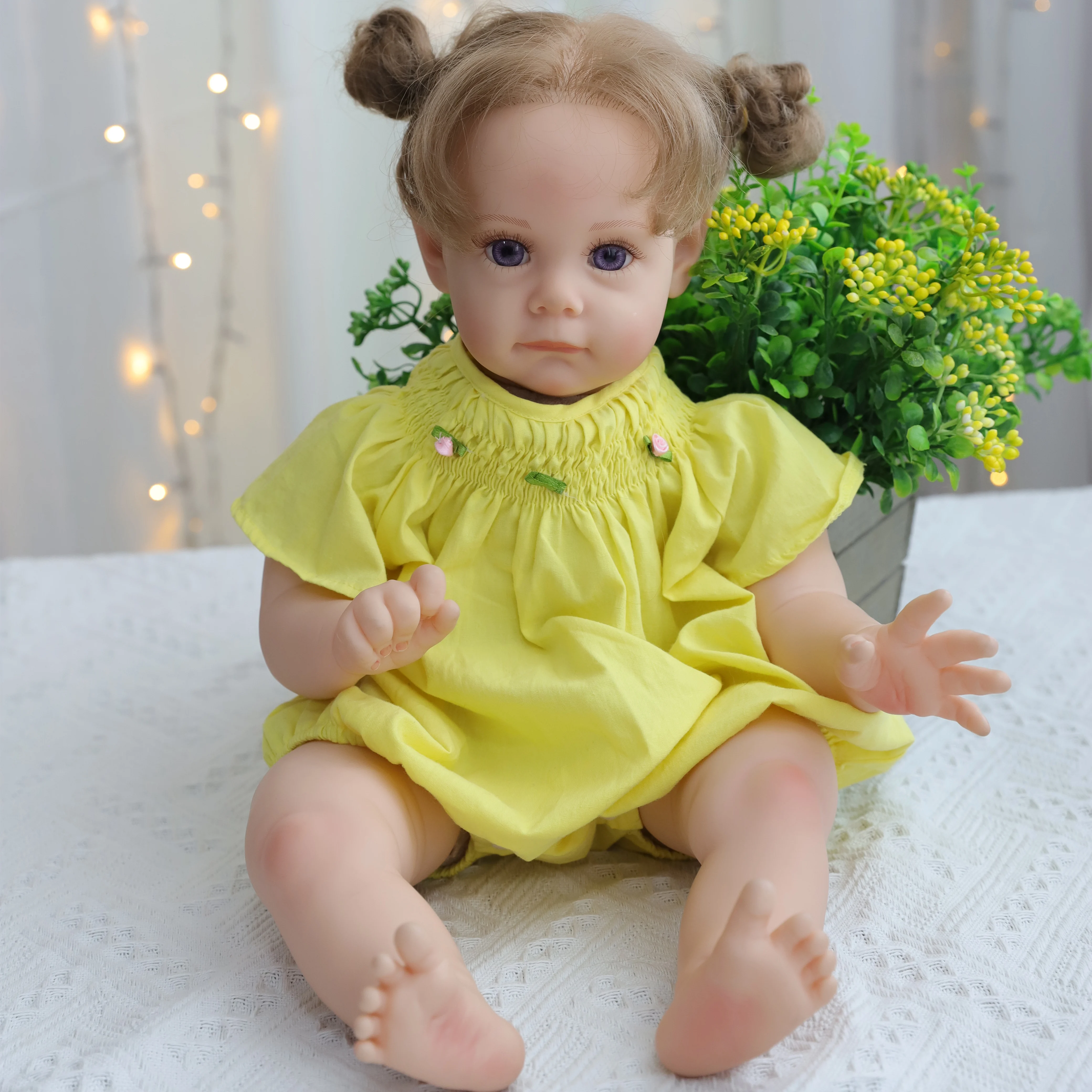 ZIYIUI 24 Inch 60cm Toddlers Baby Yellow Dress 3D Skin Visible Veins Handmade Realistic Soft Silicone Reborn Dolls Toys Xmas