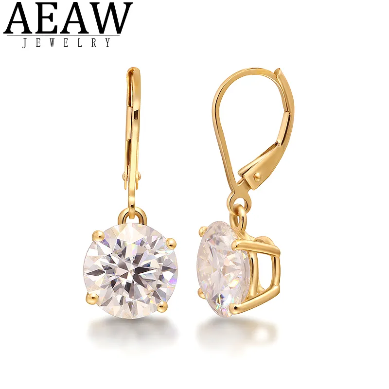 AEAW Yellow Gold 10k Moissanite Gemstone Drop Earrings 1ct 2ct 3ct 4CT Round for Women Solitaire Party Fine Jewelry