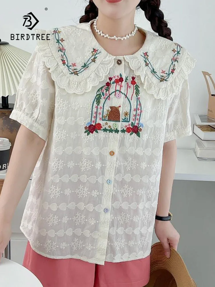 

New Spring Cotton Embroidery Shirt Women Peter Pan Collar Short Sleeve Sweet Top Girl Loose Commute Blouse 2024 Autumn T44107QC