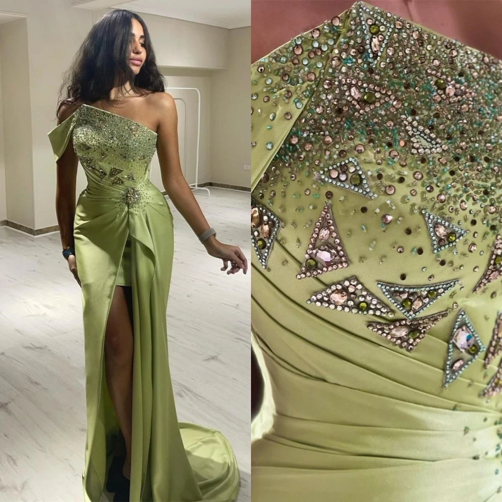 

Meetlove Prom Dresses with Slit Fashion Off the Shoulder Mermaid Party Dress Floor Length Court Paillette Satin Formal Evening G