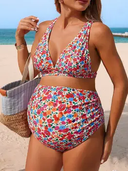 Floral Maternity Two Piece High Waisted Swimsuit Set For Women Summer Beach Vacation