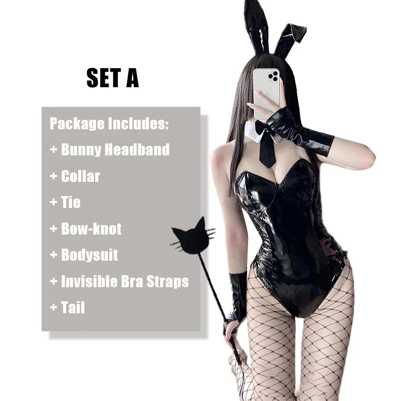Sexy Bunny Girl Cosplay Costume Women Sexy Lingerie PU Leather Bodysuit with Tie and Headband Suit Kawaii Anime Outfit