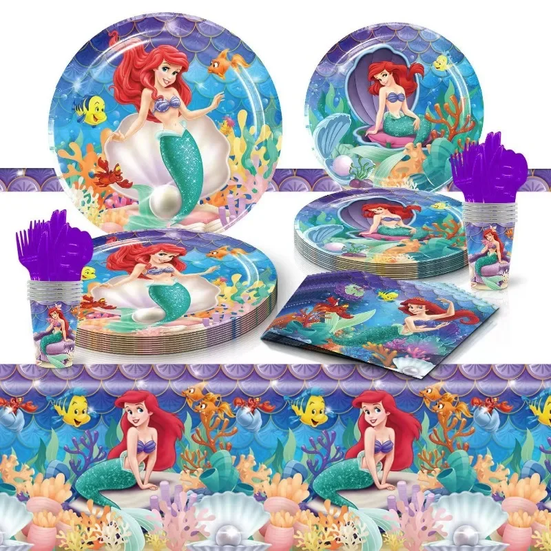 Disney Girl's Birthday Party Little Mermaid Themed Banner Paper Cup Balloon Tablecloth Birthday Tableware Set