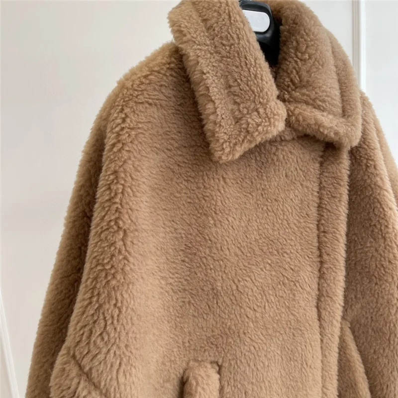 MM Real Fur Short Cloak Teddy Coat Lady Content Woven Fabric Thick Warm Overcoat Loose Cozy Outerwear Streetwear Oversize
