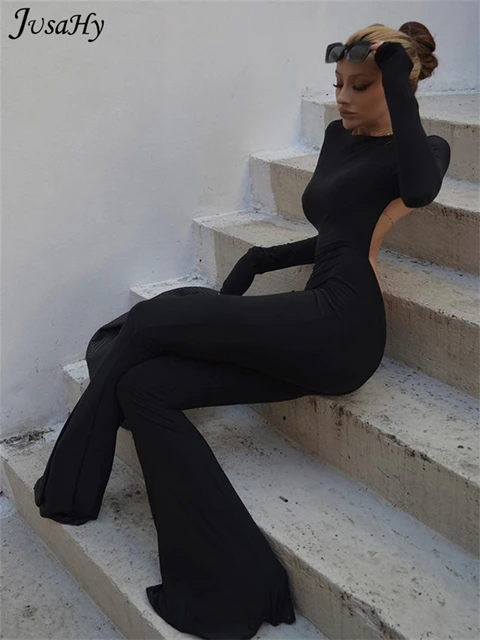 White Maxi Bodyconwomen's Black Halter Bodysuit - Flare Pants, Long Sleeve,  Backless Streetwear