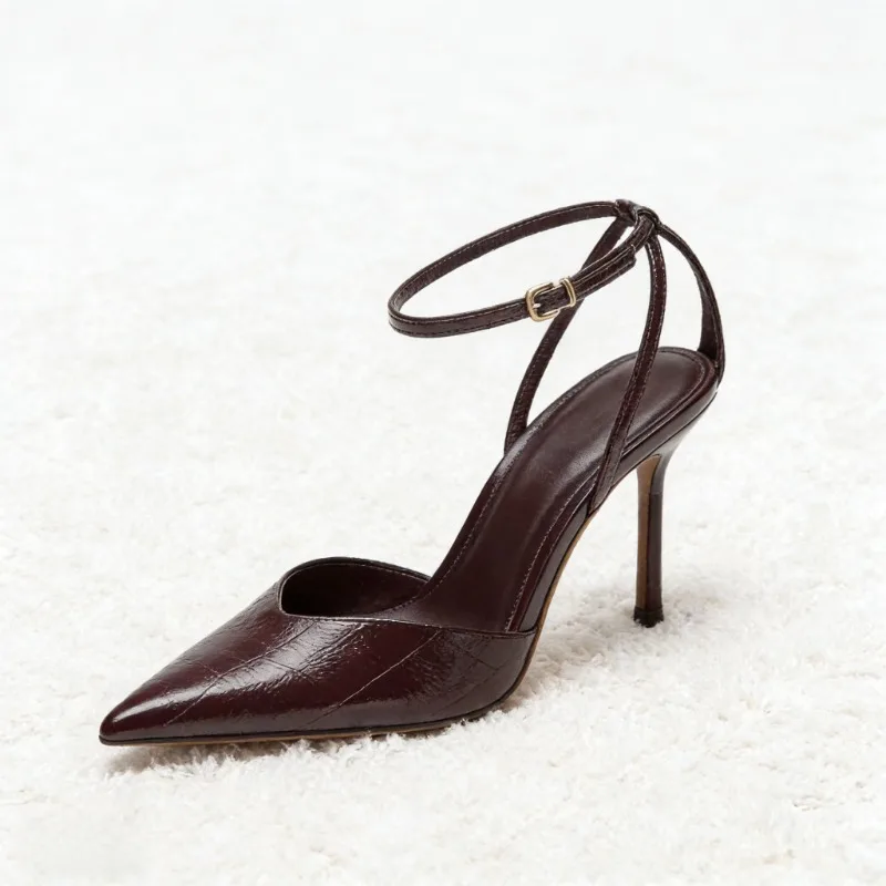 Designer Burgundy Red Ankle Strap Pumps - Wearing View