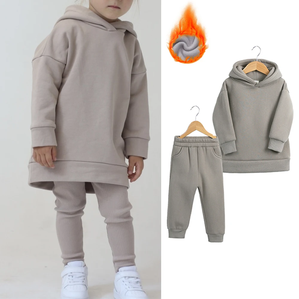 Kids Clothing Set 2pcs For 2-12Y Boys Girls Fleece Outwear Autumn Winter Hooded Sweatshirt Tracksuit