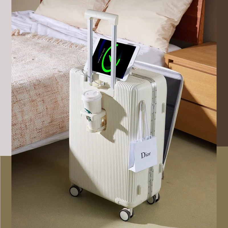 Aluminum Frame Front Open Luggage USB Charging Port with Cup Holder Trolley Suitcase 24