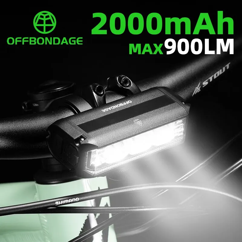 OFFBONDAGE-luz delantera para bicicleta, lámpara de 900 lúmenes, 2000mAh, resistente al agua, con carga USB, para ciclismo de montaña y carretera