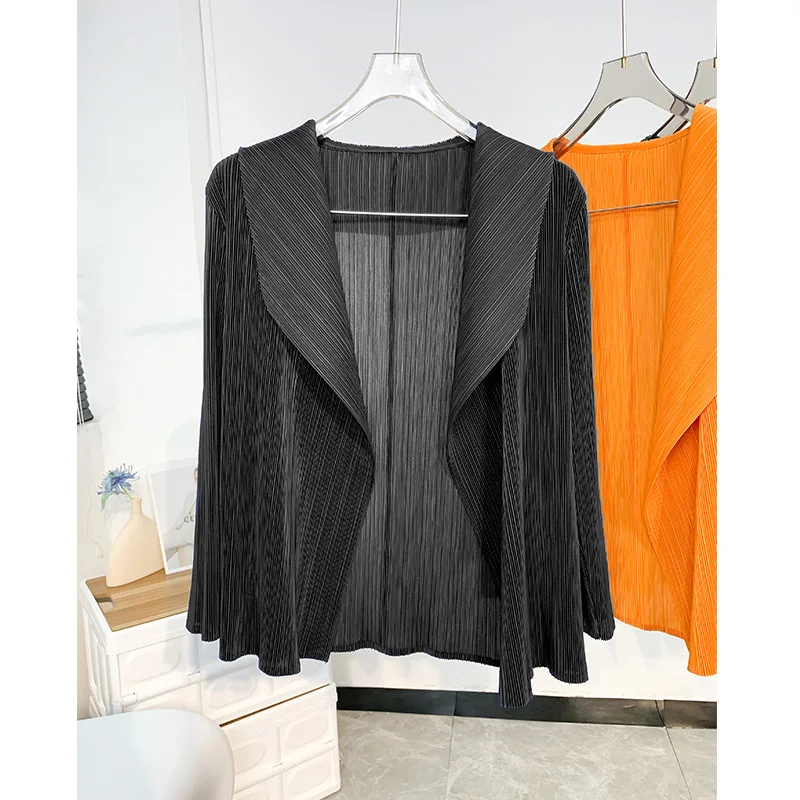 Miyake Pleated Short Jacket 2025 Spring Summer Women's Casual Tops Flap Collar Loose Shopping Peplum Cardigan Tunic Tops