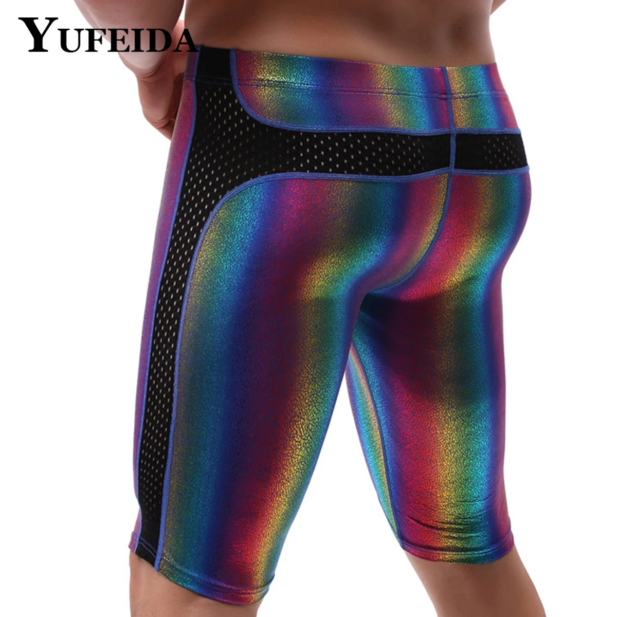 

YUFEIDA Sexy Men Leather Shorts Homme Rainbow Stripe Faux Leather Panty Man U Convex Pouch Long Leg Underpant Cueca Calzoncillos