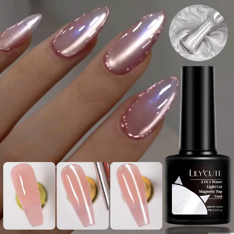 LILYCUTE 7ml Super Bright Sparkling Water Light Cat Magnetic Top Coat Gel Nail Polish Summer 2 IN 1 Function Nail Art UV Varnish