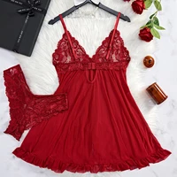 Ensemble de Lingerie en dentelle pour femmes, 2 pièces, chemise de nuit semi-transparente, col en v, sous-vêtements tanga pour femmes, ensemble de chemise de nuit en Tulle exquis 6