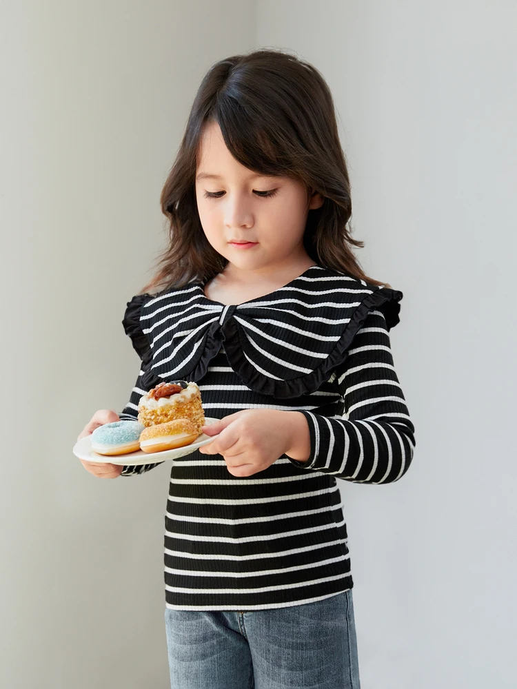 Girls' Striped Knitwear Turn-down Collar Long Sleeve Tops Bottoming Shirt For Spring And Fall, girls long sleeve shirts
