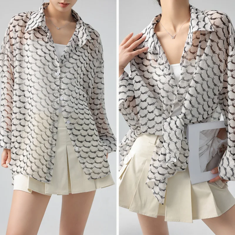 Thin Chiffon Long Sleeved Sunscreen Shirt Female Blouse Draped Tops Summer Outwear New Blouse Jacket