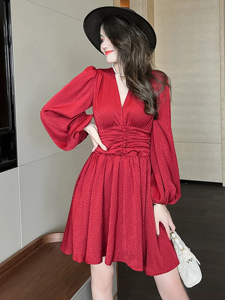 Autumn Vintage Elegant Sweet Dress for Women V-neck Mini Lantern Sleeve  Party A-line Club Cute Female Outfit Print French Style