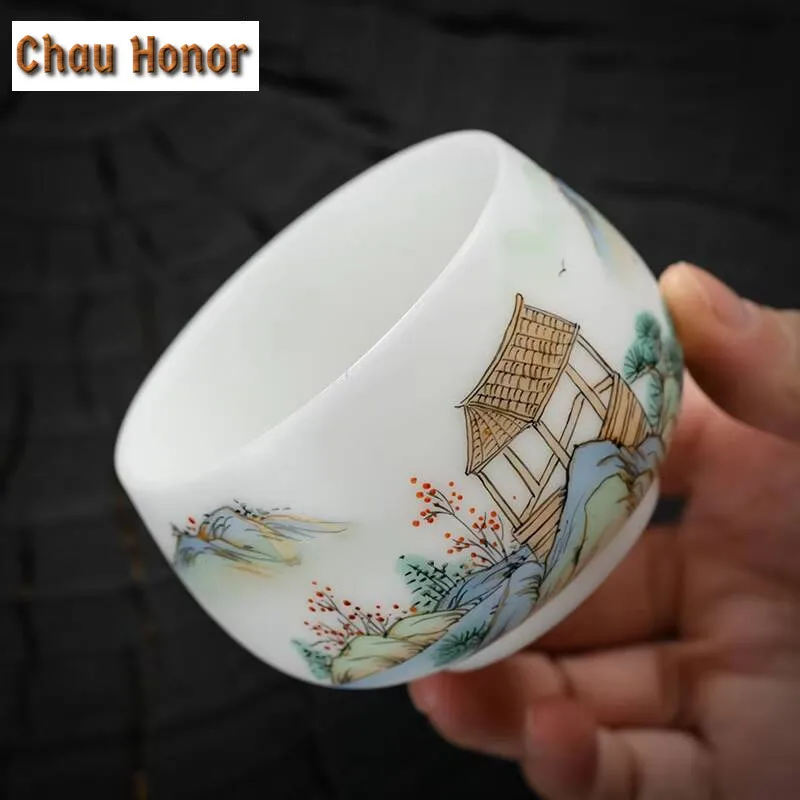 160ml High-end Ice White Jade Porcelain Teacup Hand-painted Landscape Master Cup Personal Jianzhan Anti Scalding Kung Fu Teaware
