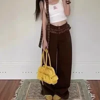 Brown Mermaid Butterfly Knot Wide Leg Jeans Women's Loose Fit High Waist Dual Waist Spring Autumn Design Straight Loose Pants