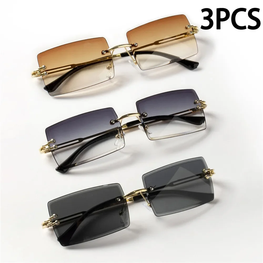3PCS Mode Randlose Sonnenbrille Frauen Trendy Kleine Rechteck Sonnenbrille Sommer Reisen Stil Braun Shades für männer