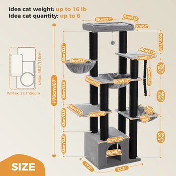 Large Cat Tree for Big Cats Robust Cat Tower with Several Levels Cat House Climbing Tree with Hammock 11 Sisal Posts Large Perch 6