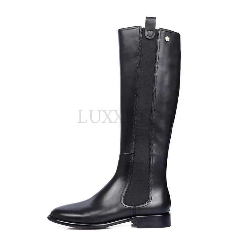 Women Knee Boots Genuine Leather Women Chelsea Boots Leather Knee High Heels Casual Socks Shoes Platform Spring Winter
