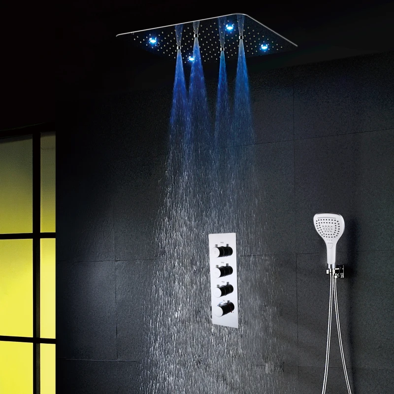 

20 Inch Ceiling Concealed 2 Functions Shower Head Rainfall Mist Thermostatic 304 ss Ceiling Shower Head Set With LED Light