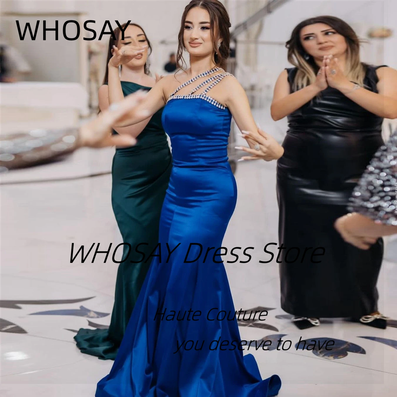 

WHOSAY Royal Blue Mermaid Prom Dresses 2024 Holiday Dress Birthday Party Gowns Crystals One Shoulder Evening Trumpet Dress