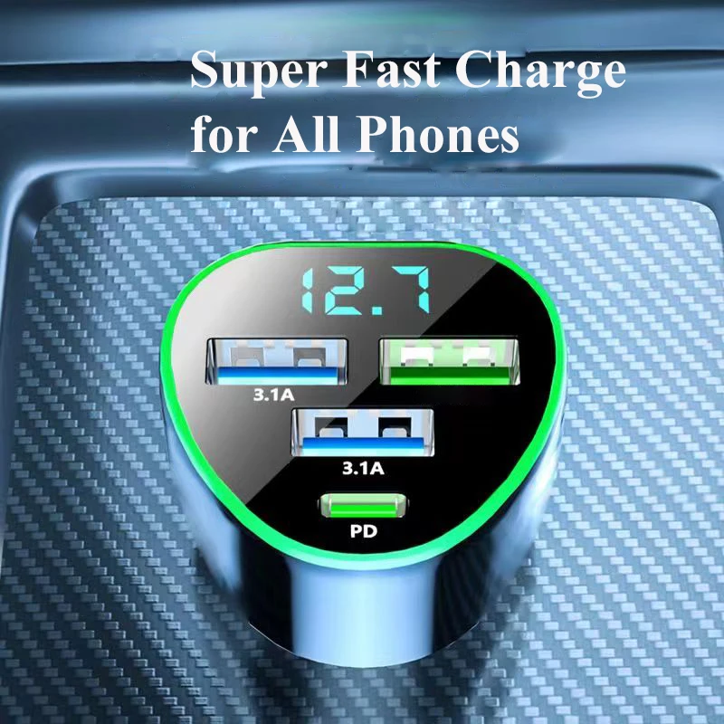 Caricabatteria per telefono da auto USB tipo C ricarica super veloce in auto con monitor di tensione a LED per iPhone Samsung Huawei Oneplus Vivo Oppo - Image 2