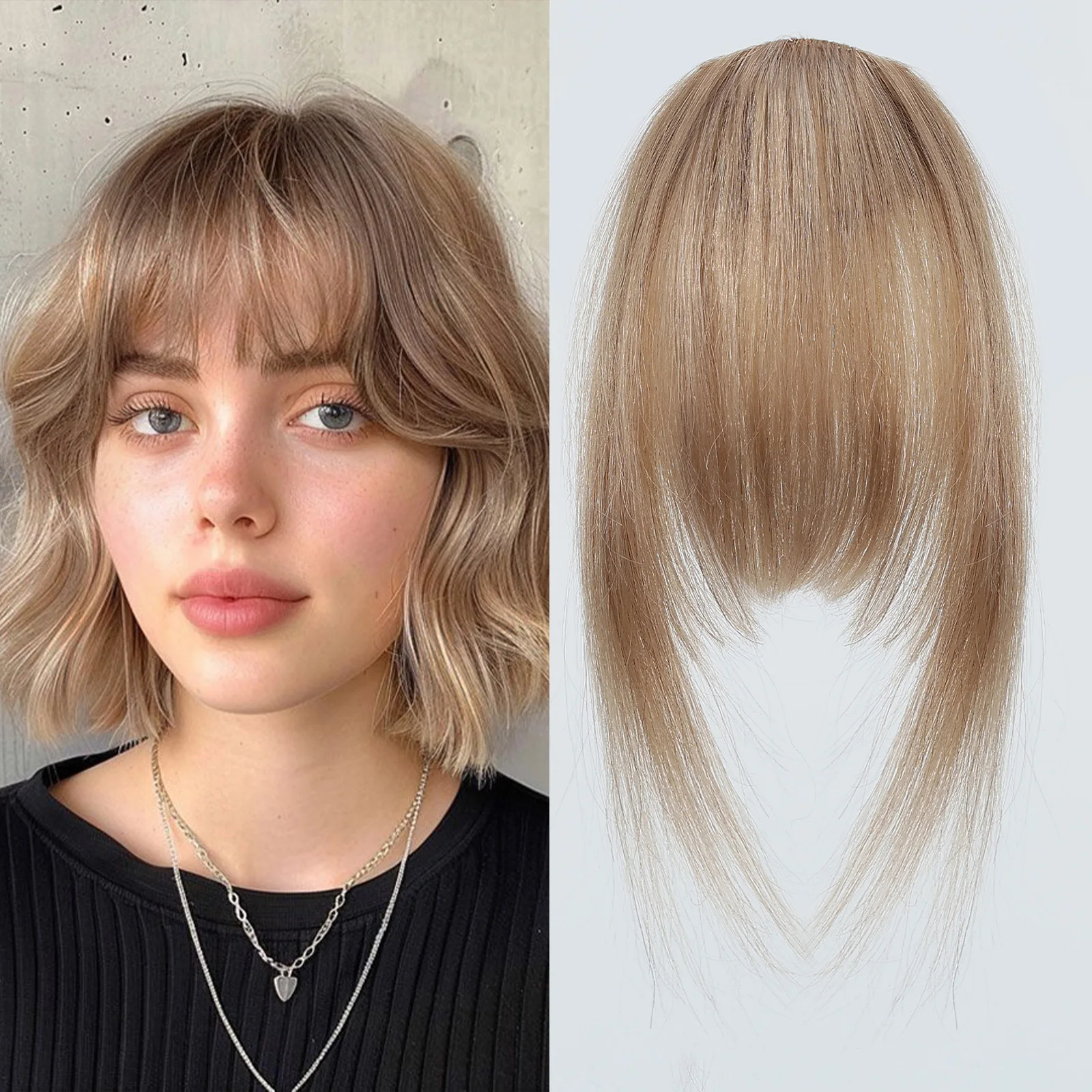 100% Human Hair Bangs Blonde Brown Wispy Bang Hair Clip in Bangs Fringe with Temples Hairpiece for Women Clip on Air Bang 4.5in