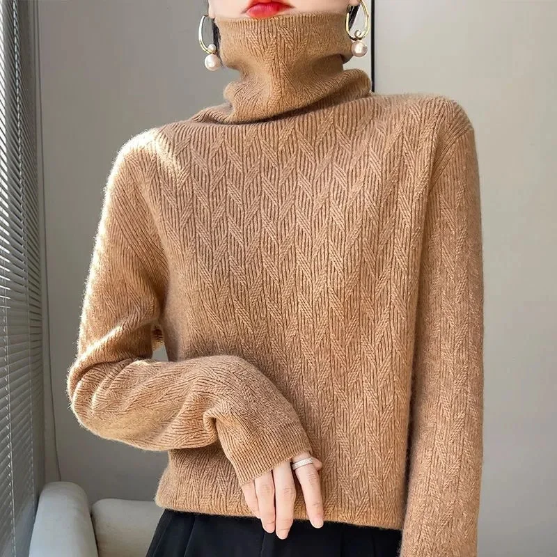 100% Pura Lana Maglione Da Donna Lavorato A Maglia Manica Lunga Collo Alto Pullover 2023 Nuovo Caldo Morbido Coreano Fit Fashion Top