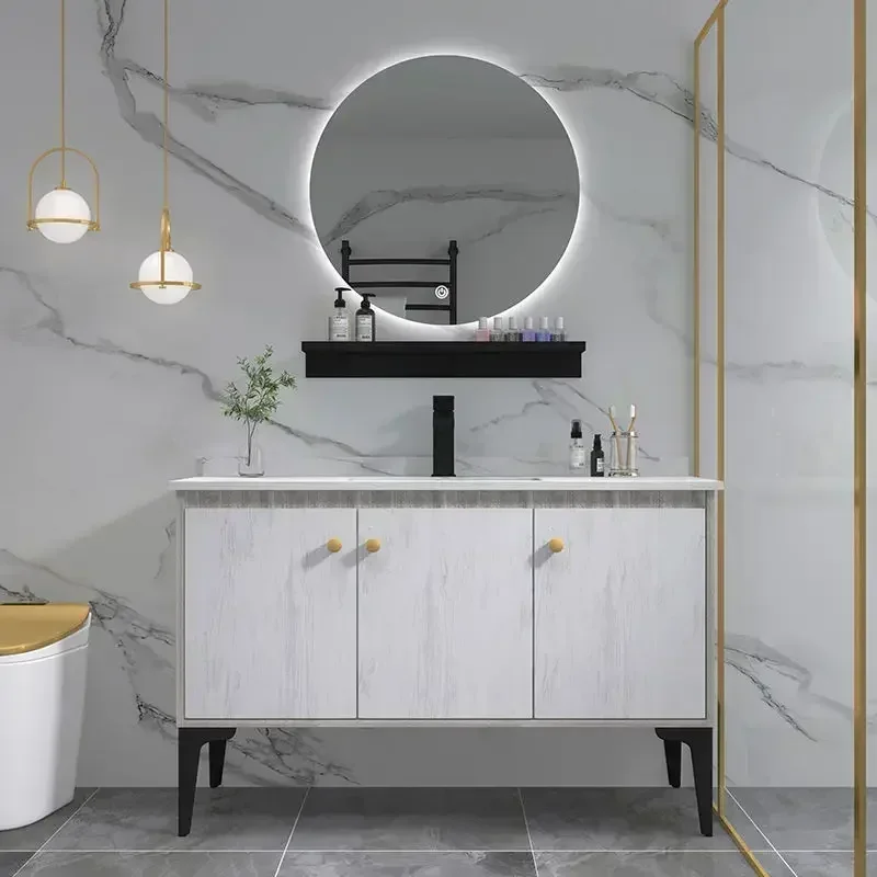 solid wood bathroom vanity with light iron, modern and simple bathroom furniture, standing toilet basin.