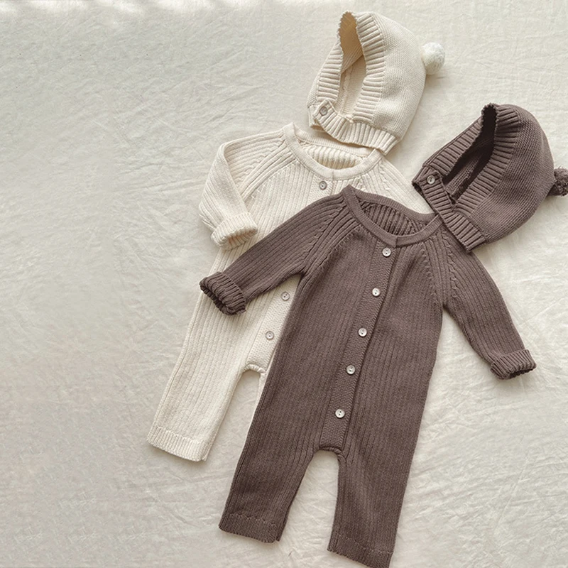 Koreanischen Stil Neugeborenes Baby Jungen Mädchen Overall + Hut Langarm Stricken Einfarbig Strampler Frühling Herbst Baby Jungen Mädchen kleidung