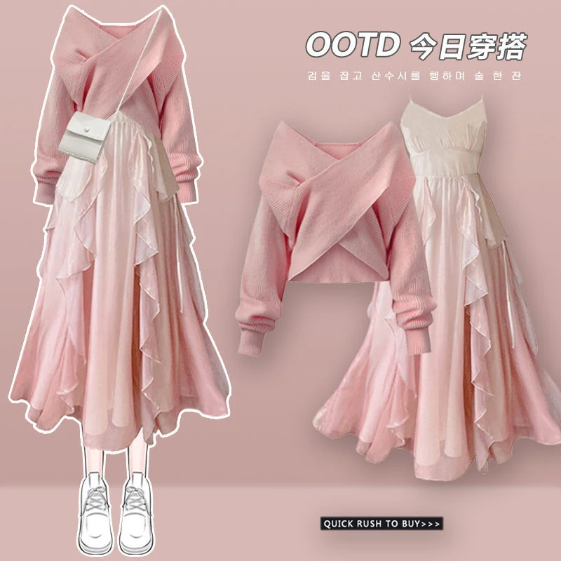Autumn and Winter Women's Two Piece Set 2022 New Women Knitting Korean Elegant Solid Sweater+Dress Autumn Winter Clothing Suit